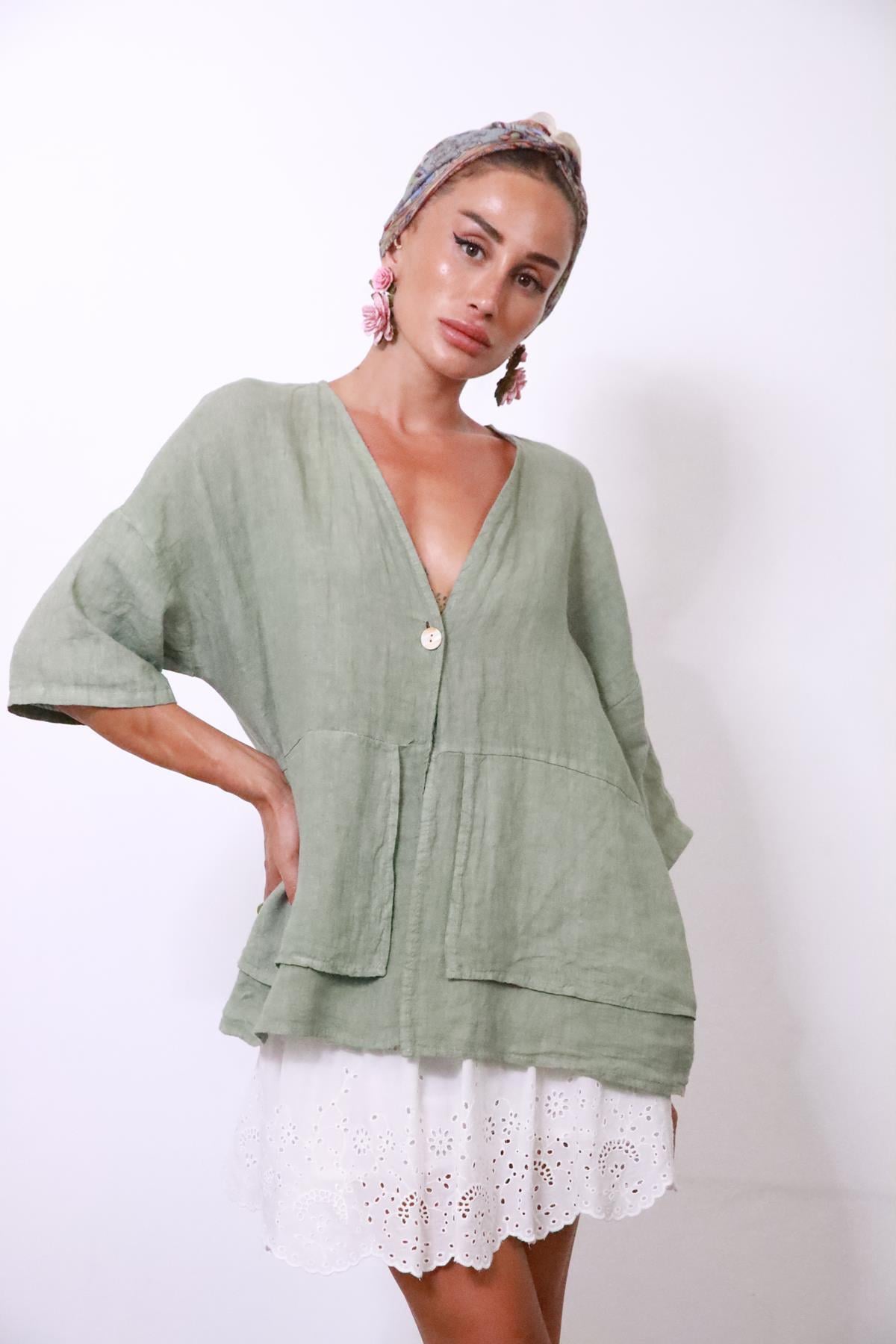  Haki Önü Parça Detaylı Tek Düğmeli Keten Ceket