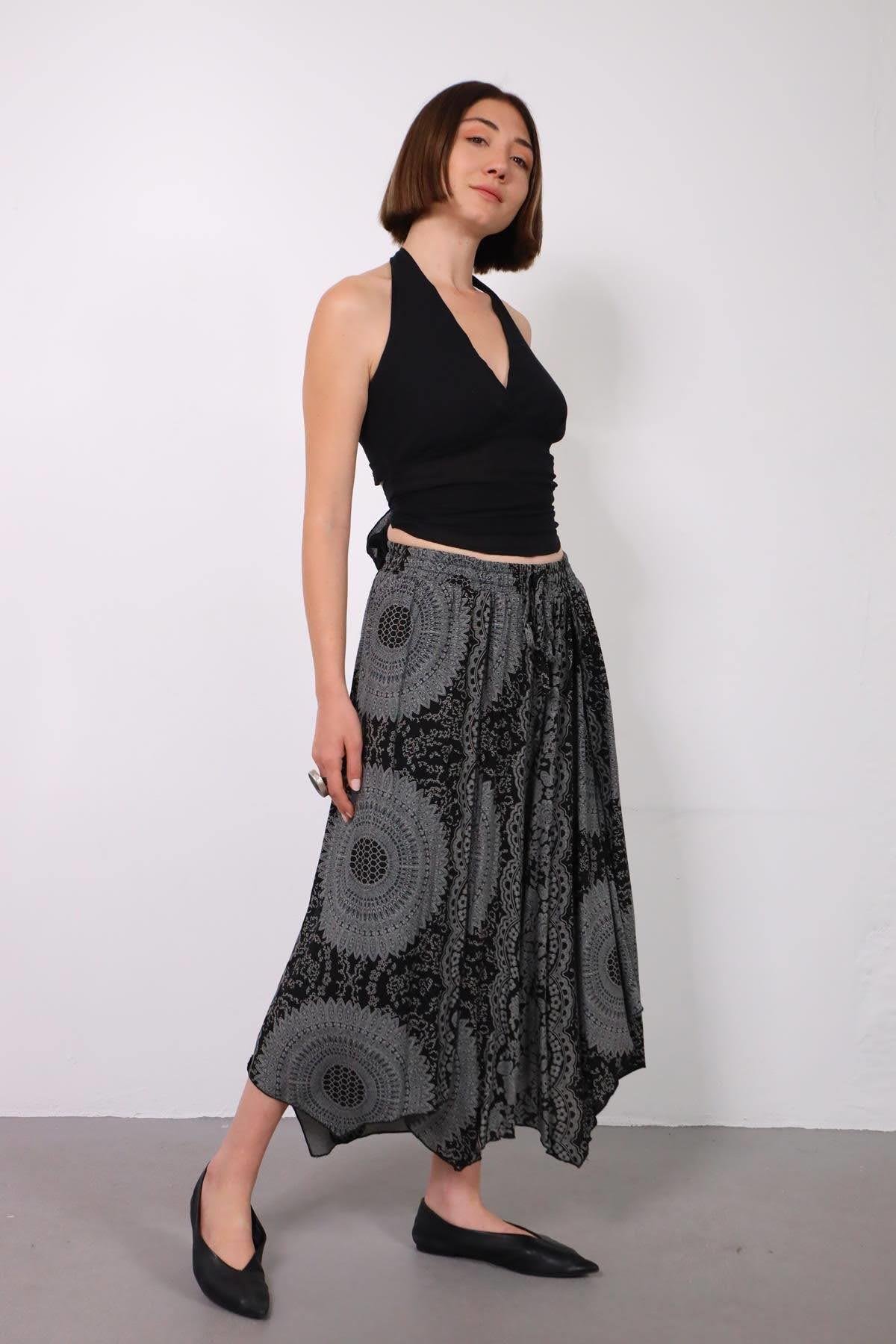 Grey Patterned Elastic Waist Asymmetrical Trousers - Saman Butik | Shop Online Grey Patterned Elastic Waist Asymmetrical Trousers