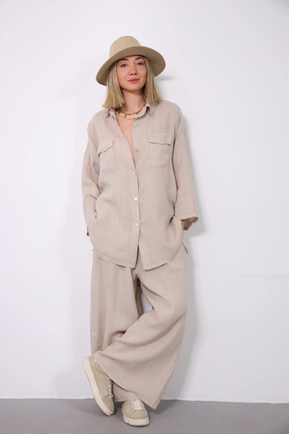 Krem Rengi Cebi Kapaklı Tunik ve Pantolon Takım - Şaman Butik Krem Rengi Cebi Kapaklı Tunik ve Pantolon Takım