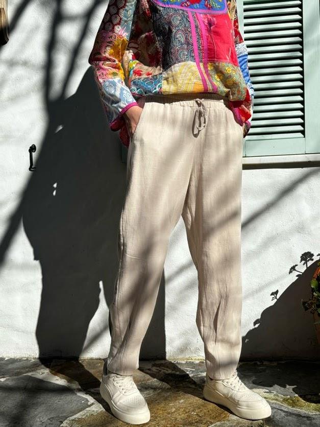 Bej Paçası Pileli Keten Pantolon - Şaman Butik Bej Paçası Pileli Keten Pantolon