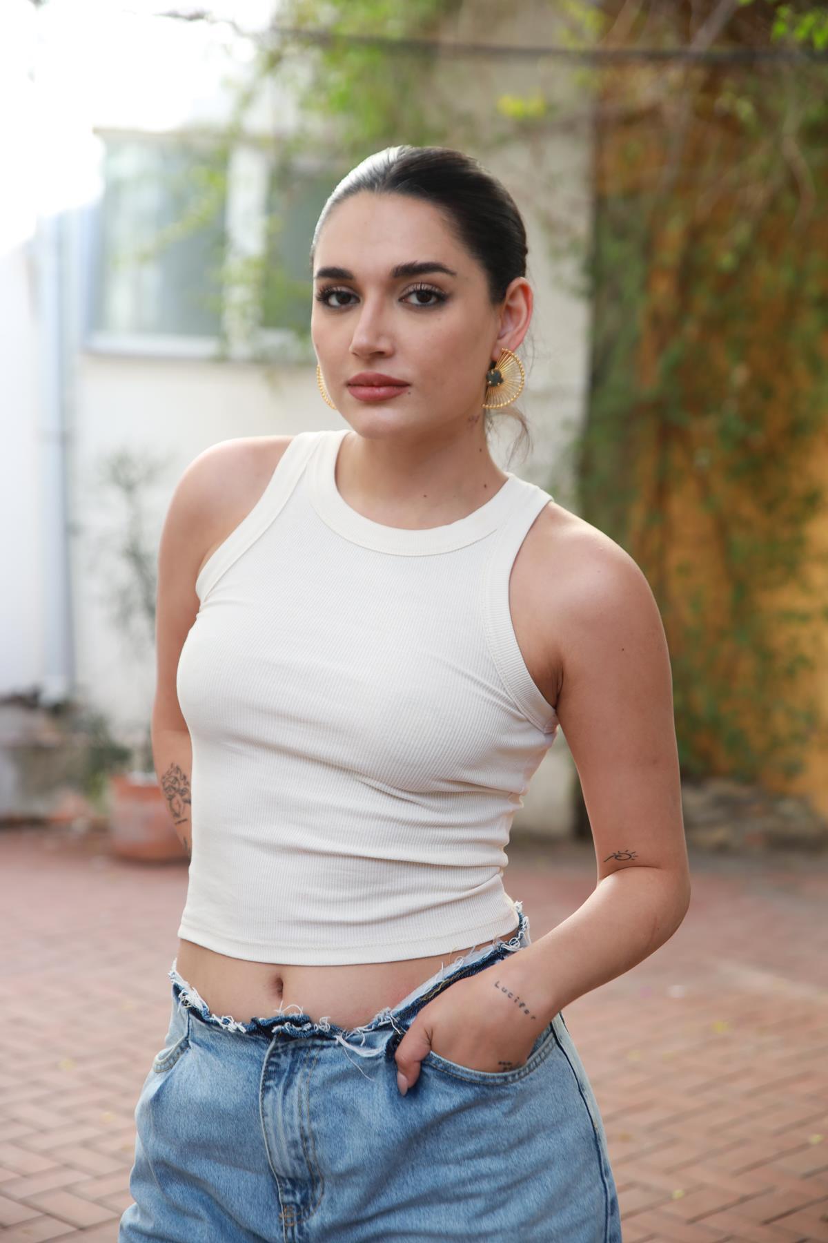 Krem Rengi Kalın Biyeli Fitilli Atlet