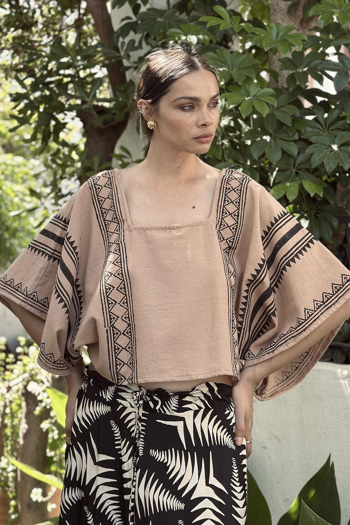 Salmon Color Patterned Square Neck Blouse