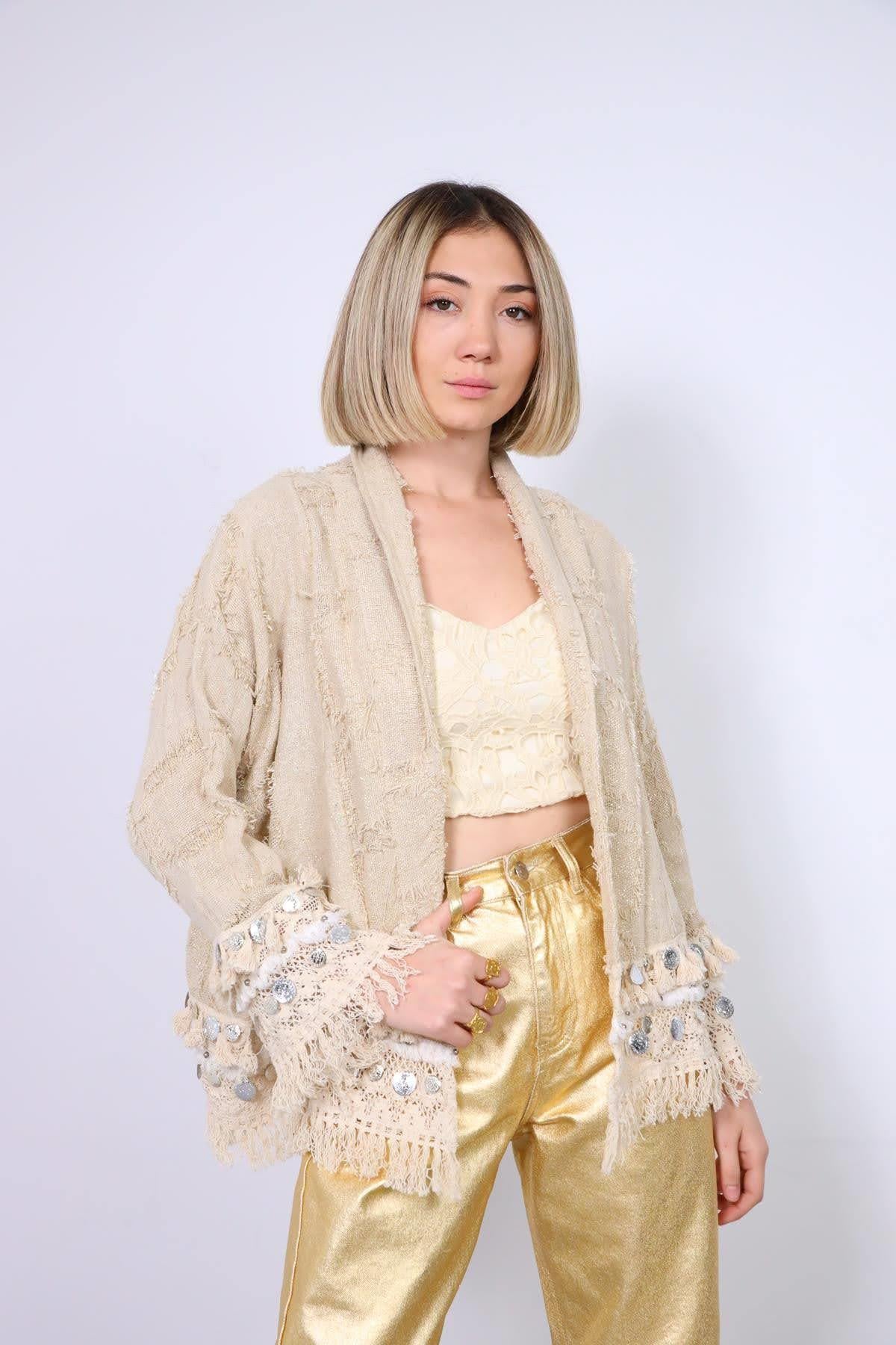 Krem Rengi Simli Saçaklı Kısa Etnik Ceket