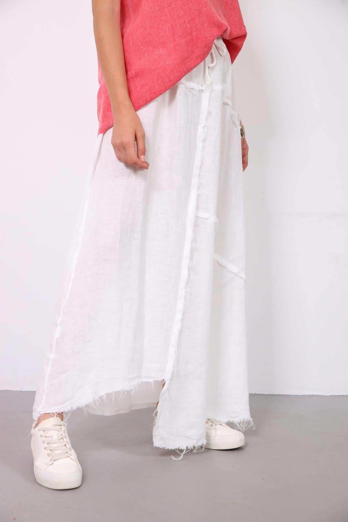 Beyaz Asimetrik Püsküllü Dikiş Detaylı Keten Etek - Şaman Butik Beyaz Asimetrik Püsküllü Dikiş Detaylı Keten Etek
