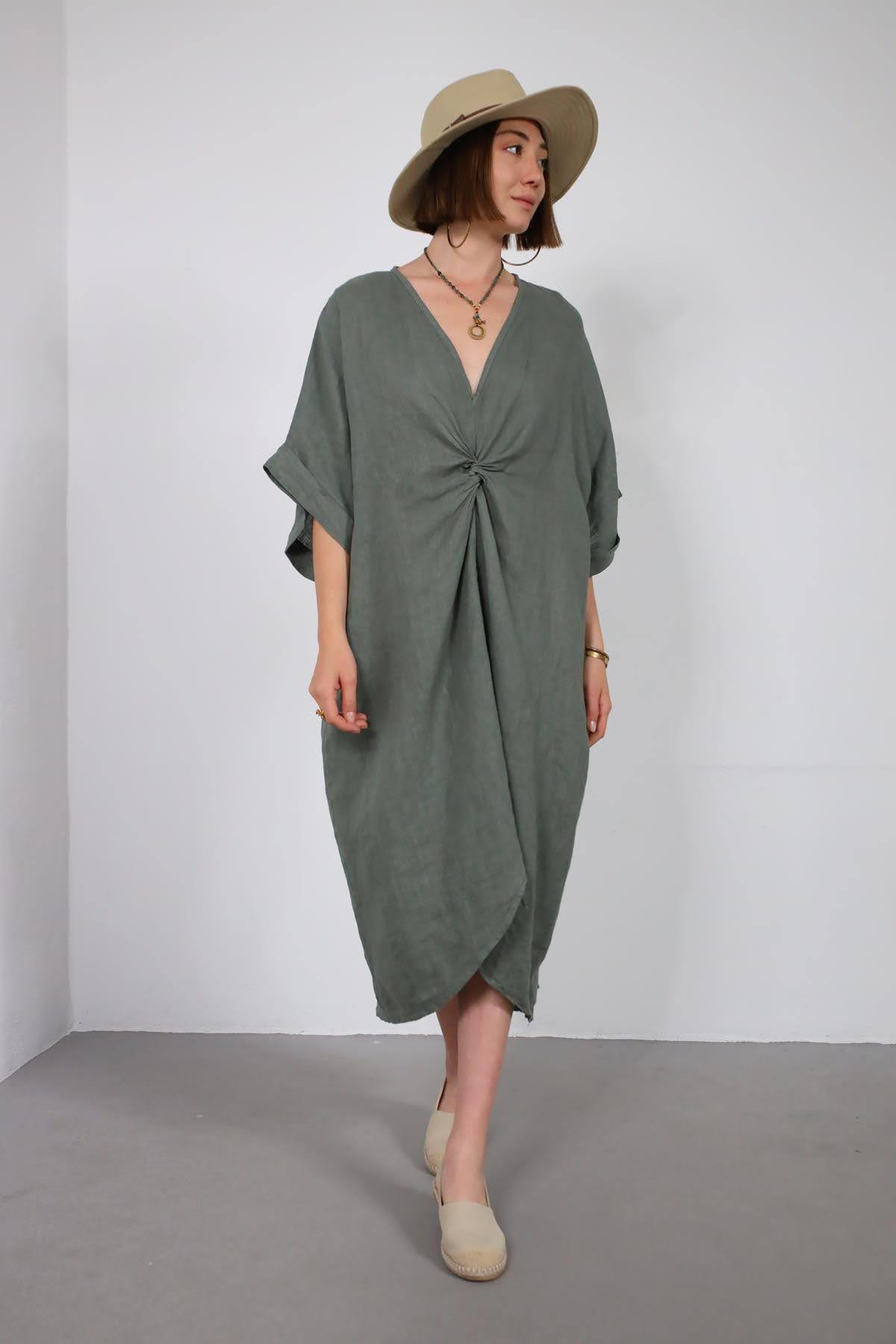 Haki V Yaka Önü Büzgülü Keten Elbise - Şaman Butik - Bohem Giyim ve Aksesuar | Kadın & Erkek Haki V Yaka Önü Büzgülü Keten Elbise