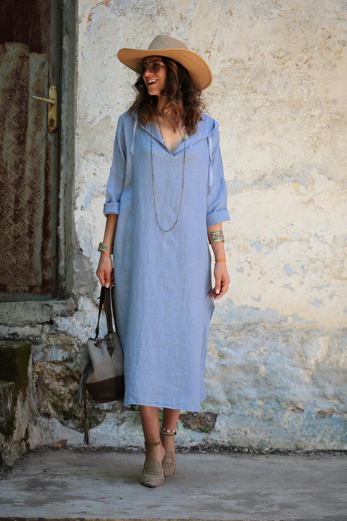 Açık Mavi Kapüşonlu Yanı Yırtmaçlı Keten Elbise - Şaman Butik - Bohem Giyim  ve Aksesuar | Kadın & Erkek