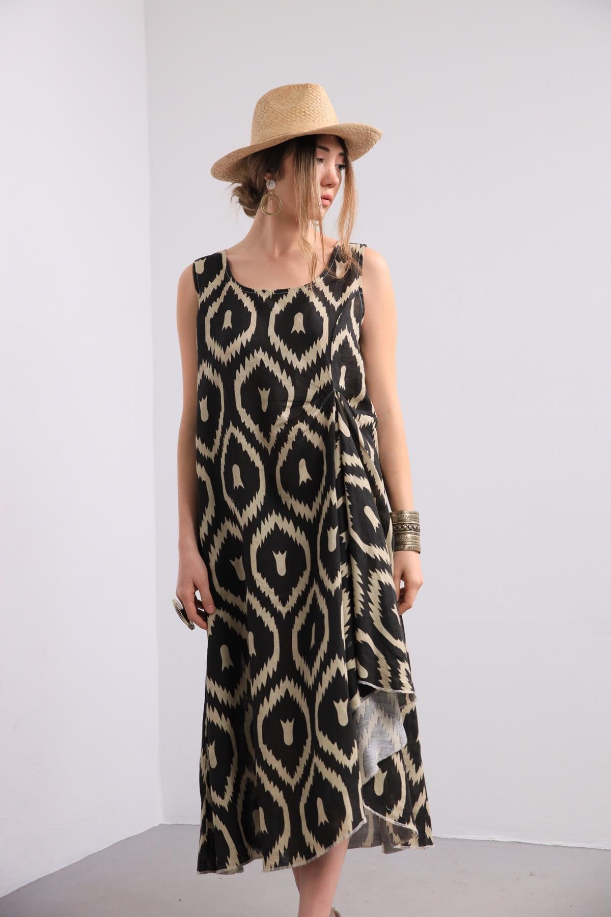  Antrasit Desenli Kalın Askılı Keten Elbise