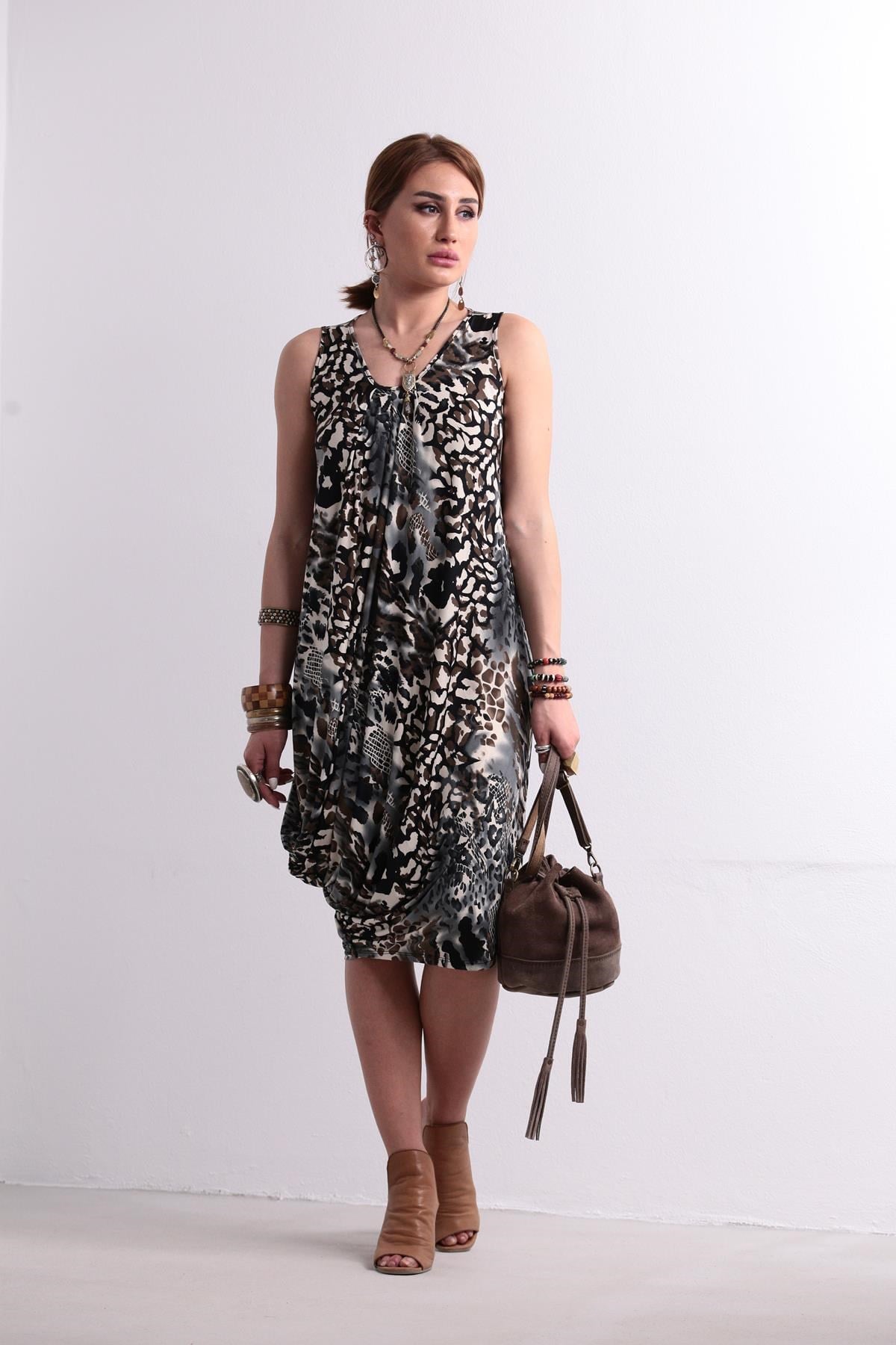  Antrasit Kalın Askılı Etek Detaylı Elbise