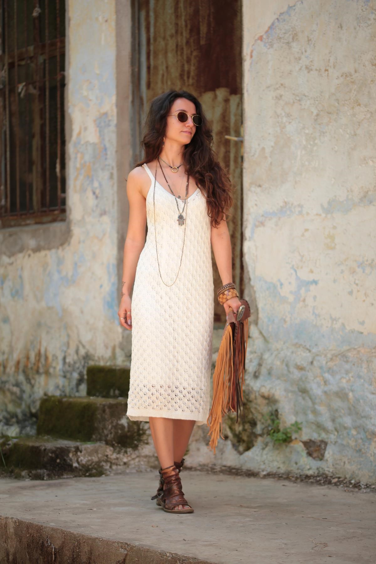 Beyaz Askılı İçi Astarlı Örme Elbise - Şaman Butik - Bohem Giyim ve  Aksesuar | Kadın & Erkek