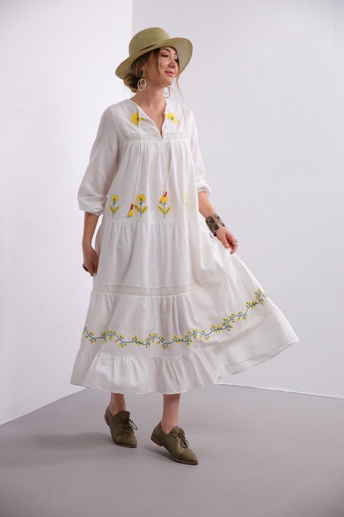 White Floral Patterned Elastic Sleeve Dress White Floral Patterned Elastic Sleeve Dress