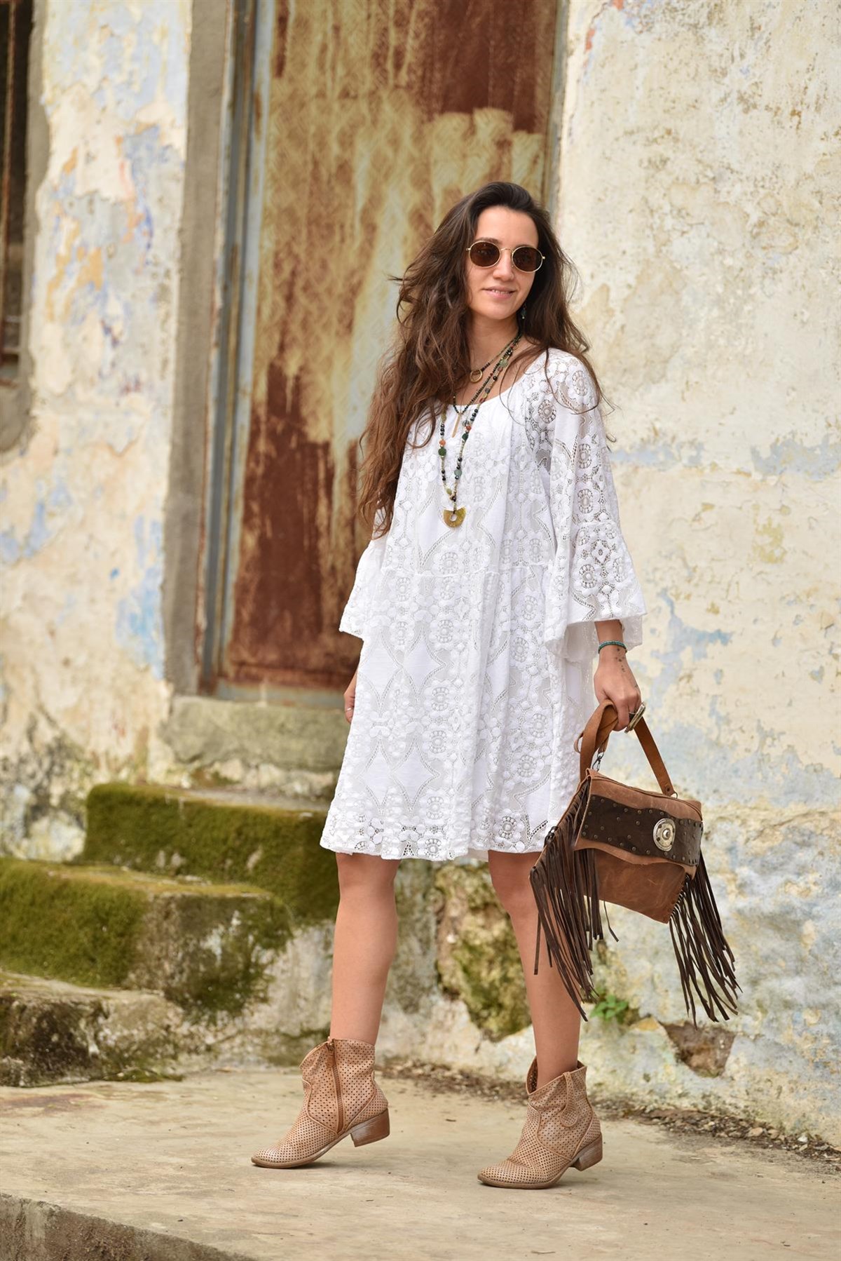 Beyaz Dantelli İspanyol Kol Elbise - Şaman Butik - Bohem Giyim ve Aksesuar  | Kadın & Erkek