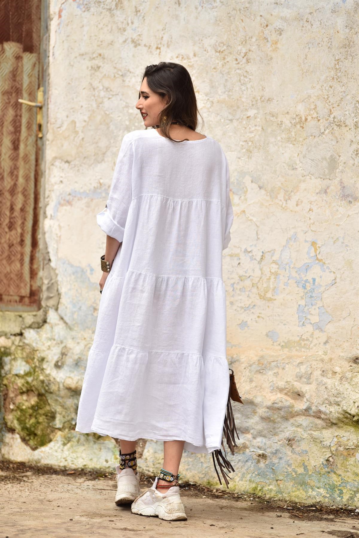 Beyaz Kat Kat Salaş Keten Elbise - Şaman Butik - Bohem Giyim ve Aksesuar |  Kadın & Erkek