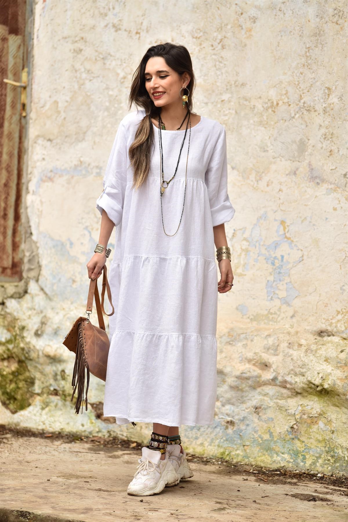 Beyaz Kat Kat Salaş Keten Elbise - Şaman Butik - Bohem Giyim ve Aksesuar |  Kadın & Erkek