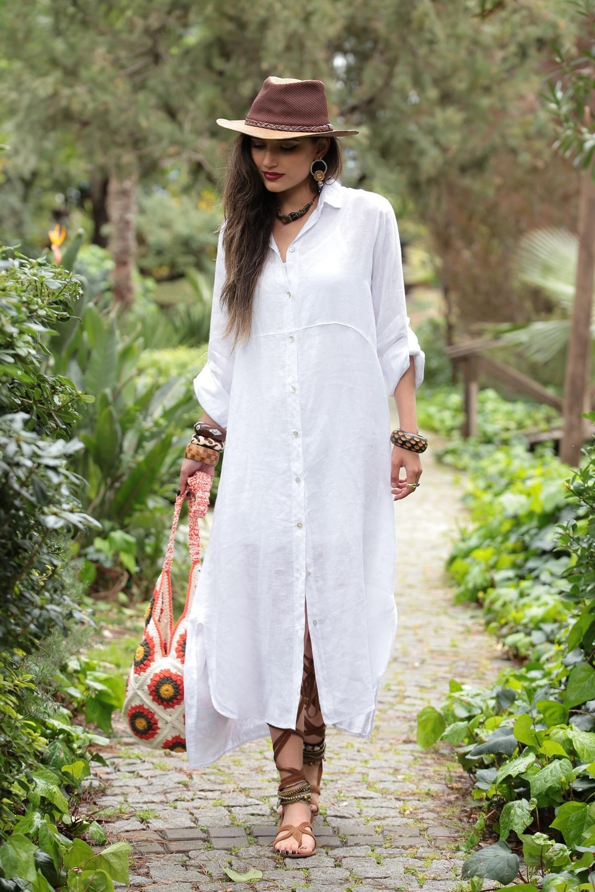 Beyaz Önü Ful Düğmeli Keten Gömlek Elbise - Şaman Butik - Bohem Giyim ve  Aksesuar | Kadın & Erkek