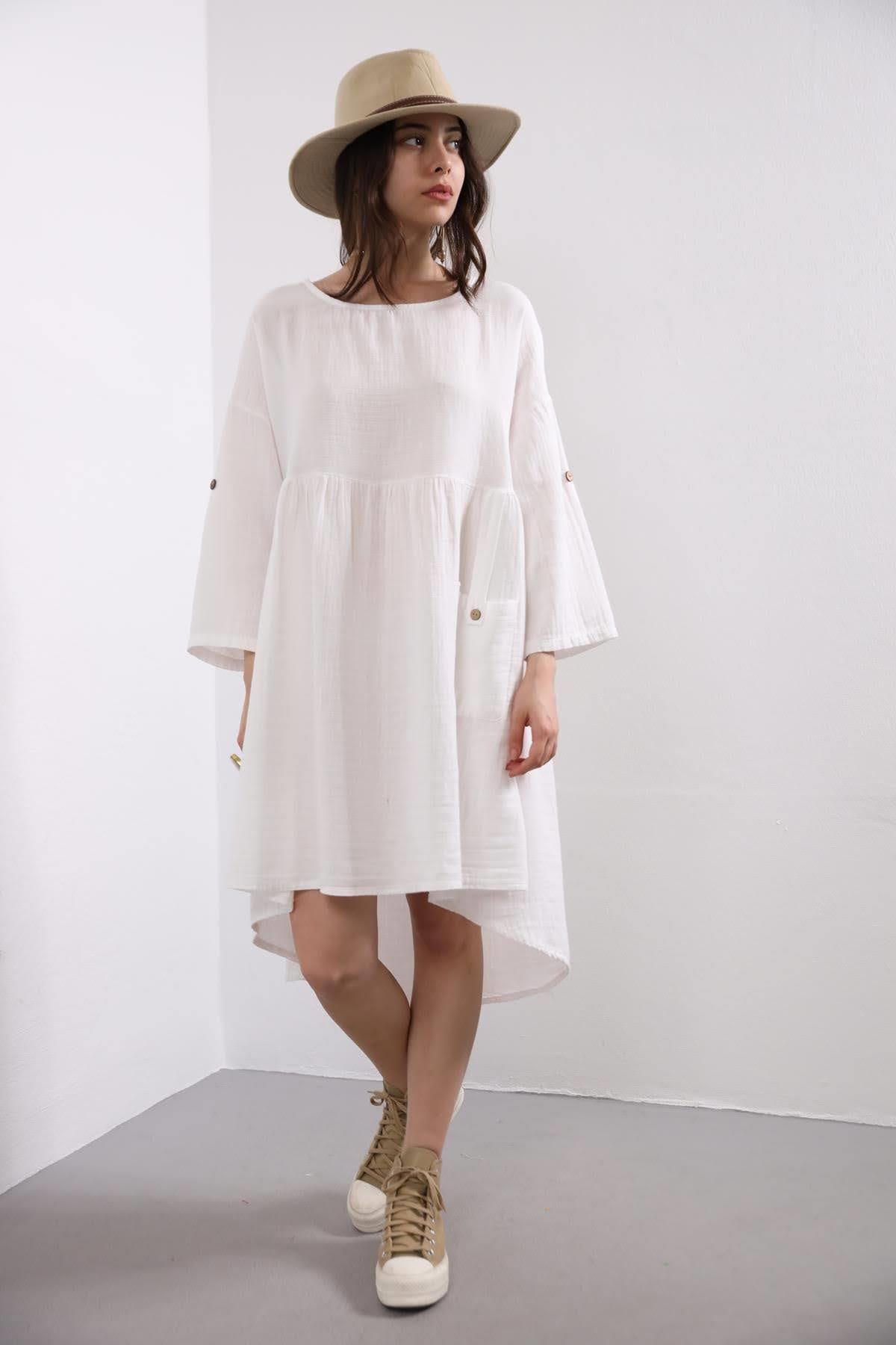 Beyaz Tek Cepli Bisiklet Yaka Elbise - Şaman Butik Beyaz Tek Cepli Bisiklet Yaka Elbise