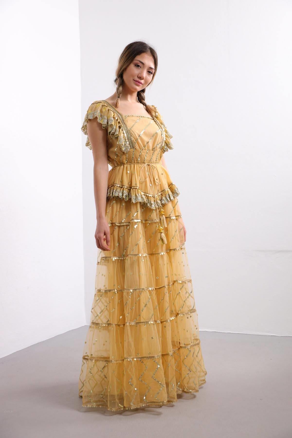  Camel Pullu Fırfırlı Uzun Şık Elbise