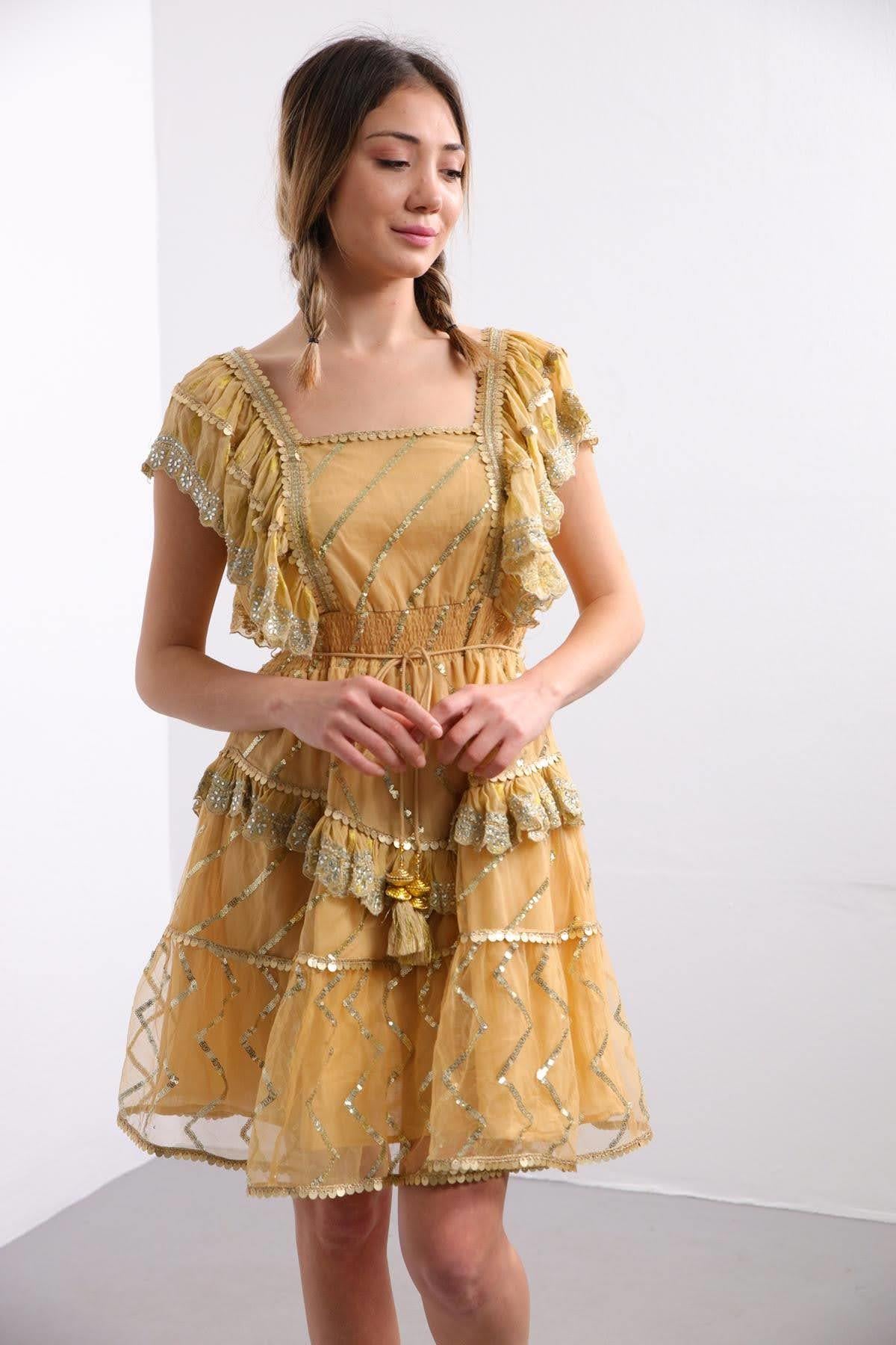  Camel Pullu Kısa Şık Elbise