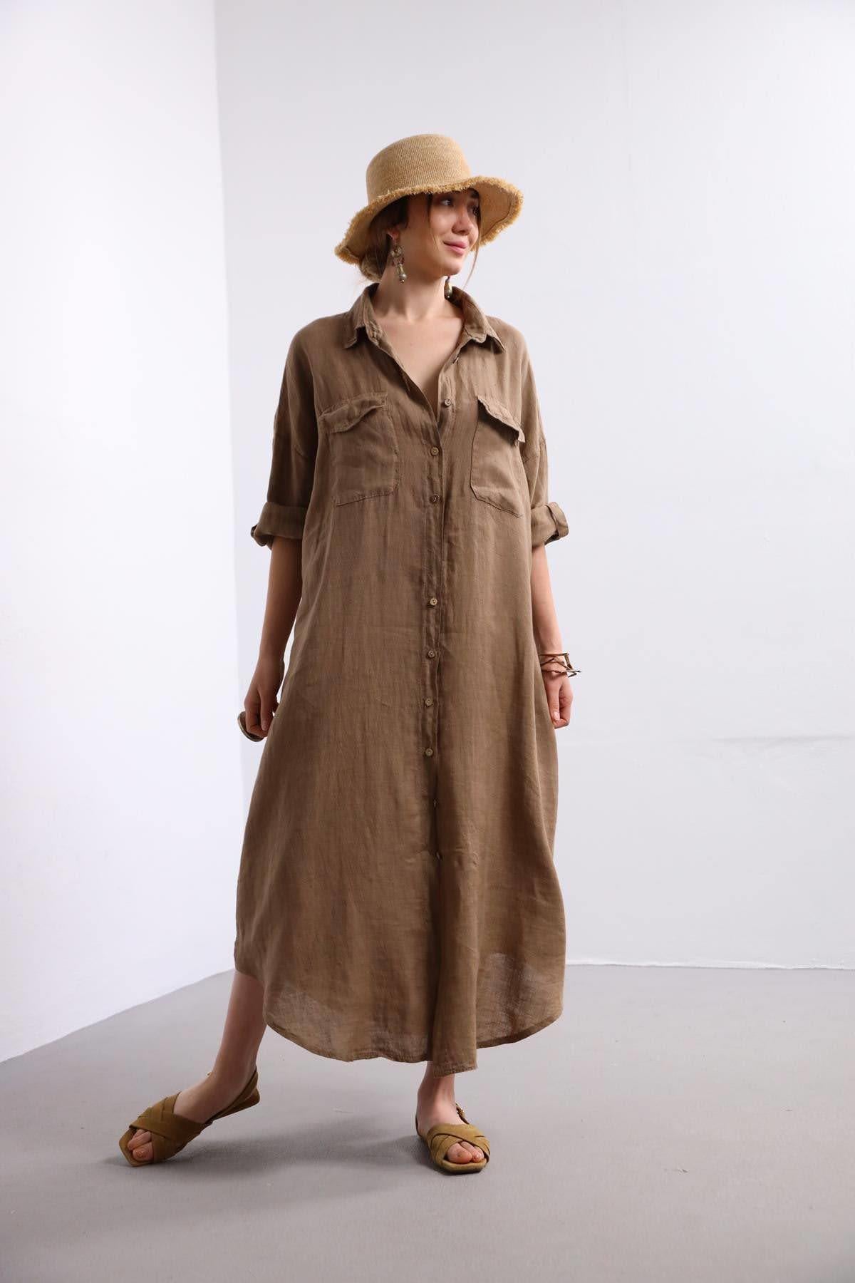 Camel Rengi Cebi Kapaklı Keten Gömlek Elbise - Şaman Butik Camel Rengi Cebi Kapaklı Keten Gömlek Elbise