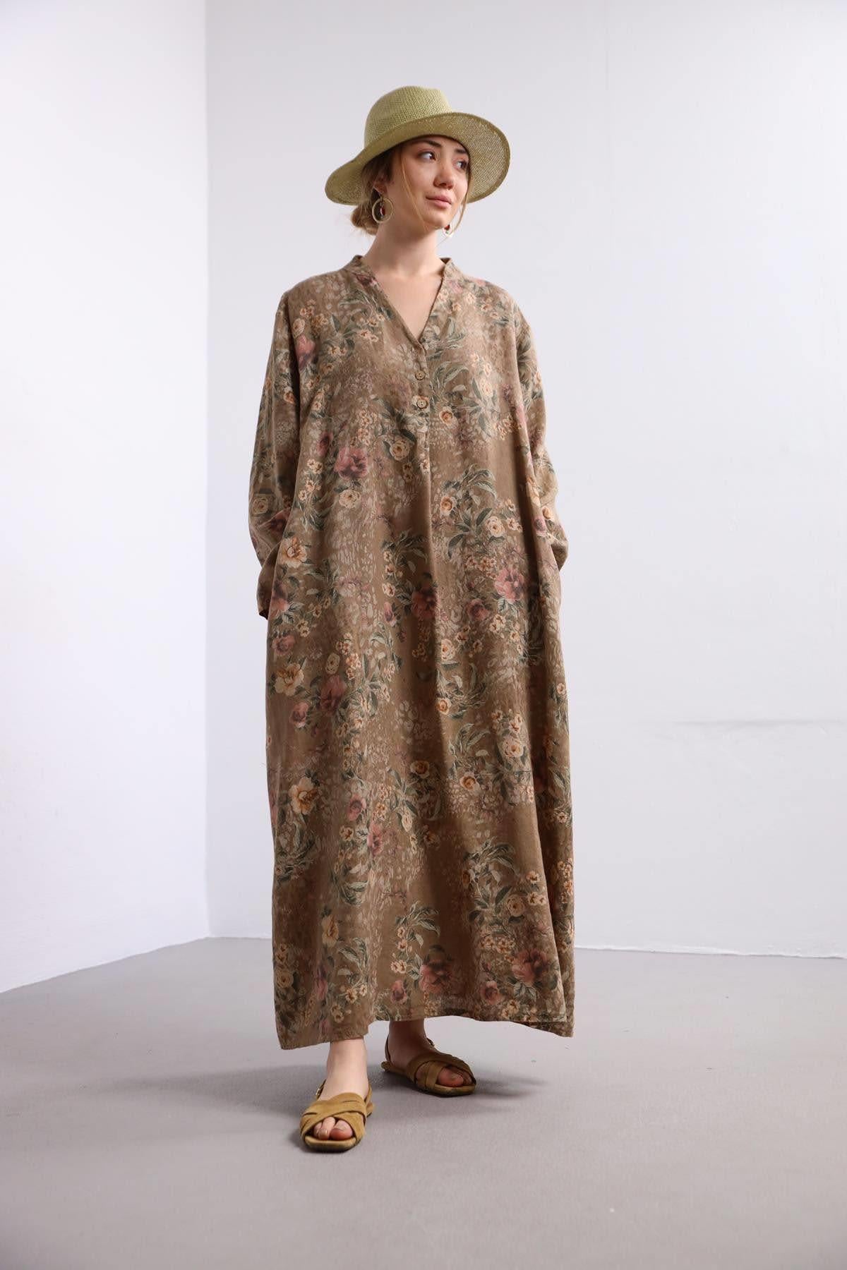 Camel Rengi Çiçekli Keten Elbise - Şaman Butik Camel Rengi Çiçekli Keten Elbise