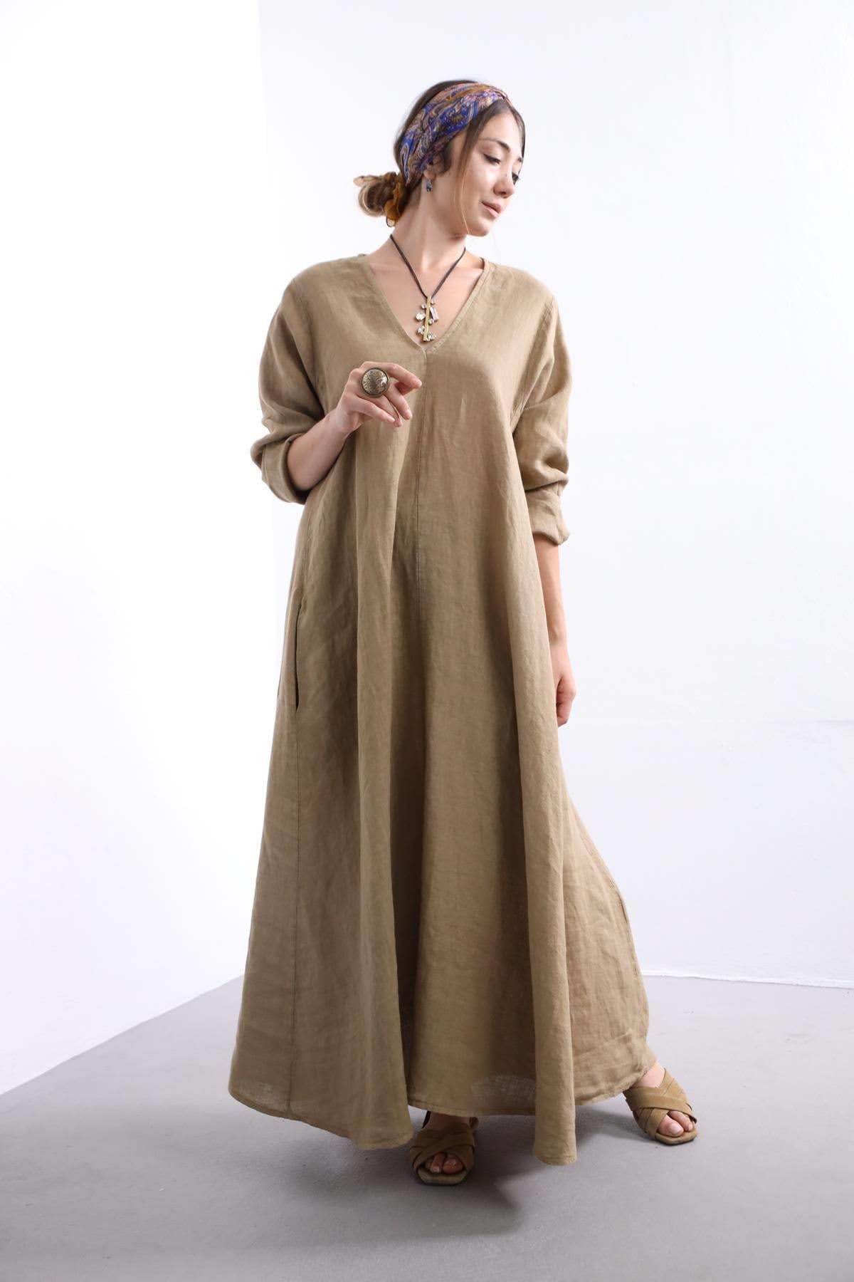 Camel V Yaka Keten Elbise - Şaman Butik Camel V Yaka Keten Elbise