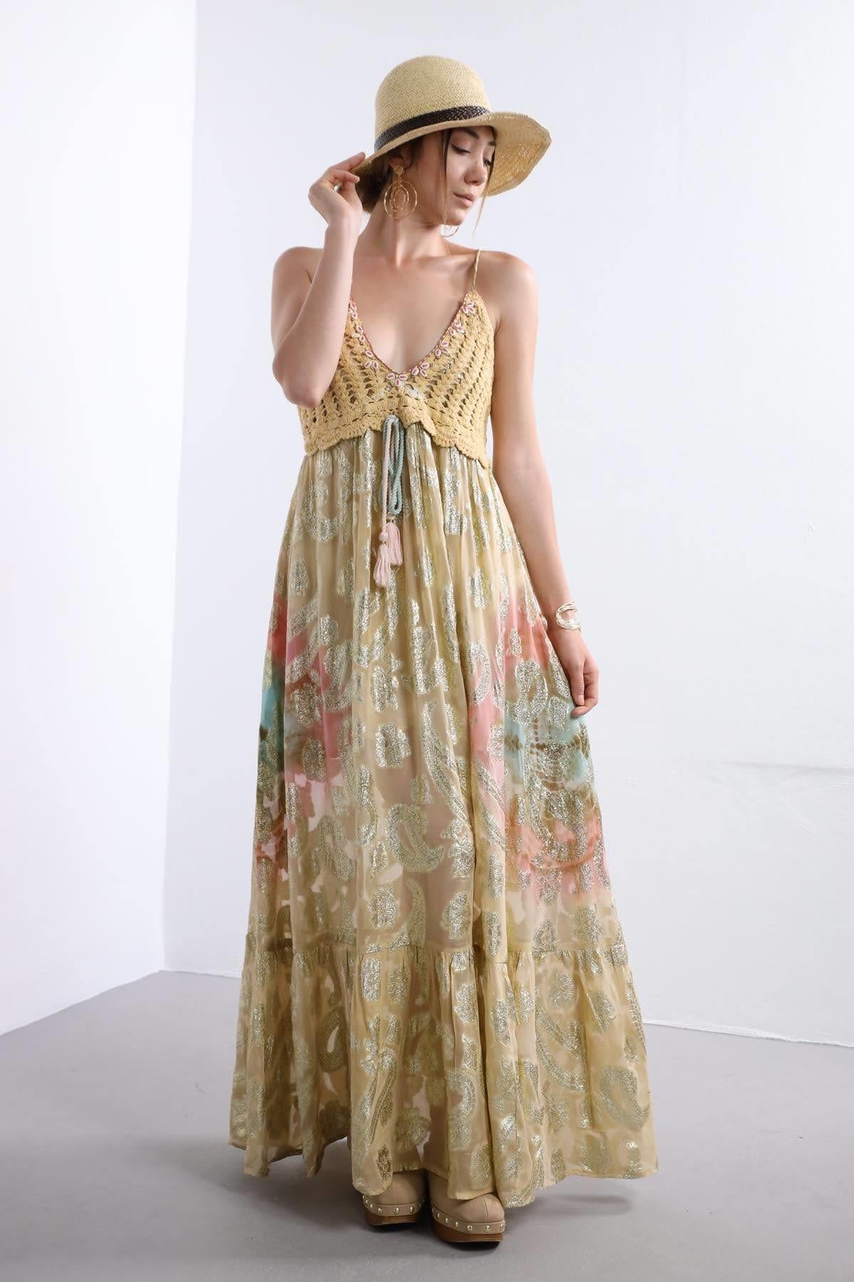 Gold Rengi Üstü Örgü İşlemeli Bohem Elbise - Şaman Butik Gold Rengi Üstü Örgü İşlemeli Bohem Elbise