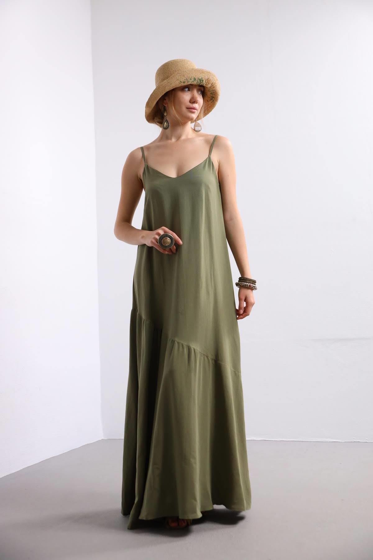 Haki Eteği Verev Dikişli Askılı Elbise - Şaman Butik Haki Eteği Verev Dikişli Askılı Elbise