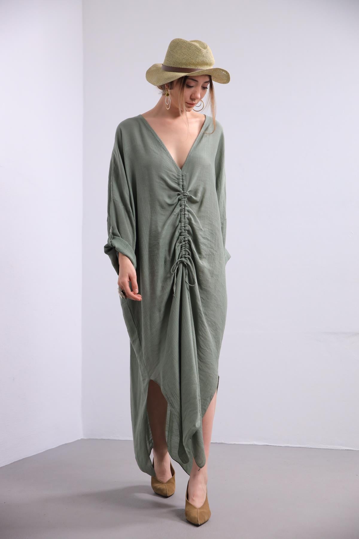 Haki Önü Büzgülü Oversize Elbise - Şaman Butik Haki Önü Büzgülü Oversize Elbise