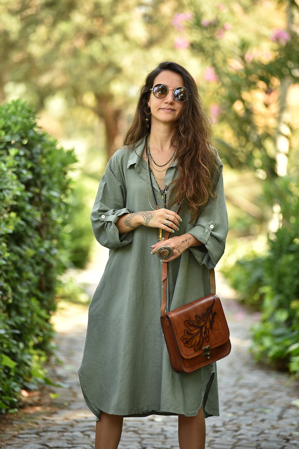 Haki Renk Cepli Midi Gömlek Elbise - Şaman Butik - Bohem Giyim ve Aksesuar  | Kadın & Erkek