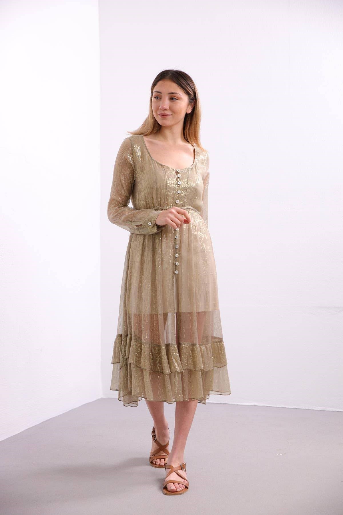 Haki Tül Detaylı Elbise - Şaman Butik Haki Tül Detaylı Elbise