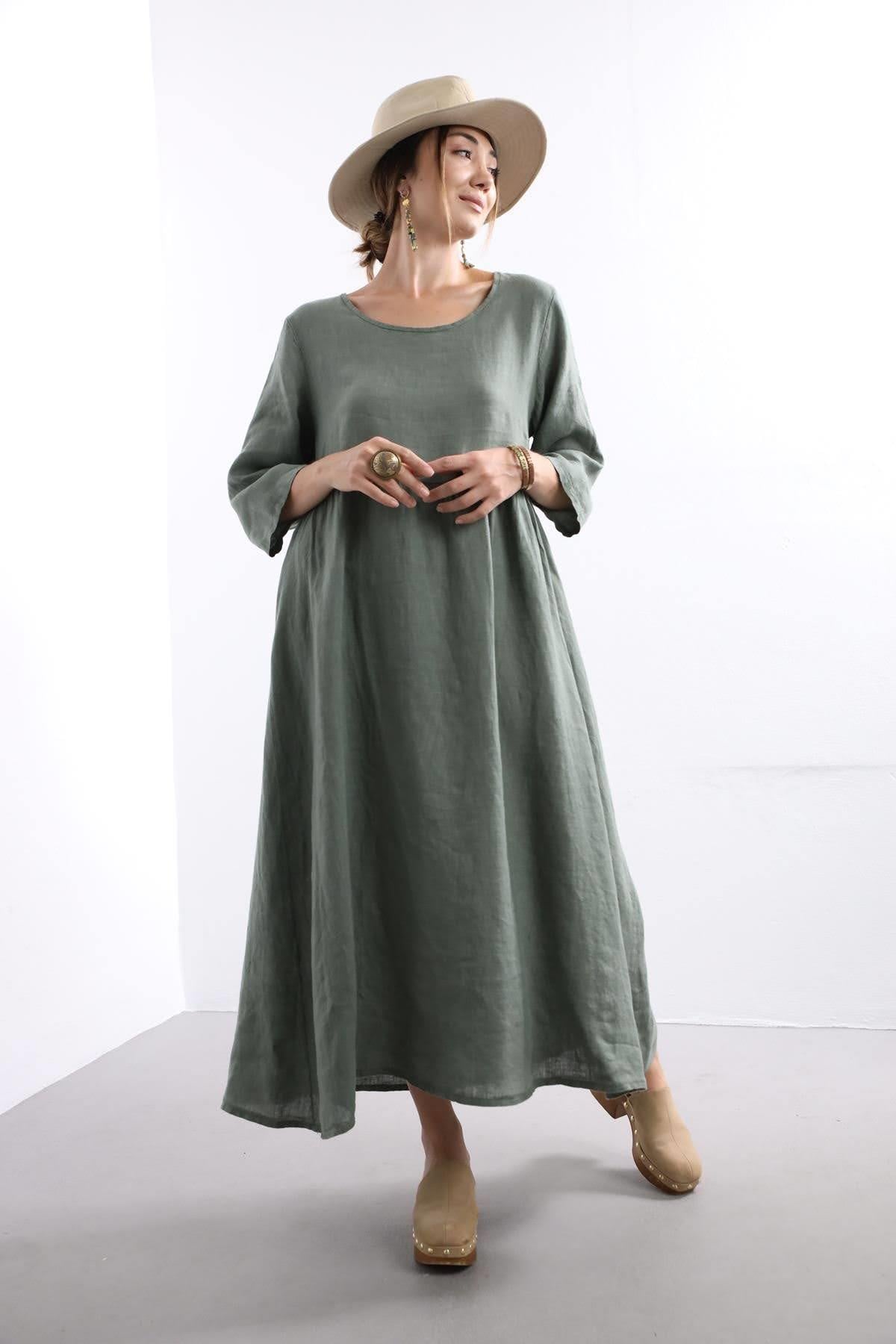 Haki Yuvarlak Yaka Keten Elbise - Şaman Butik Haki Yuvarlak Yaka Keten Elbise