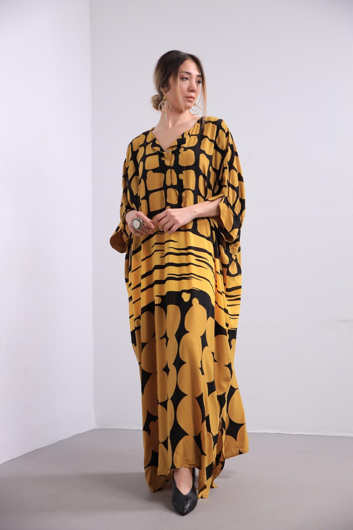 Hardal Desenli Oversize Elbise - Şaman Butik Hardal Desenli Oversize Elbise