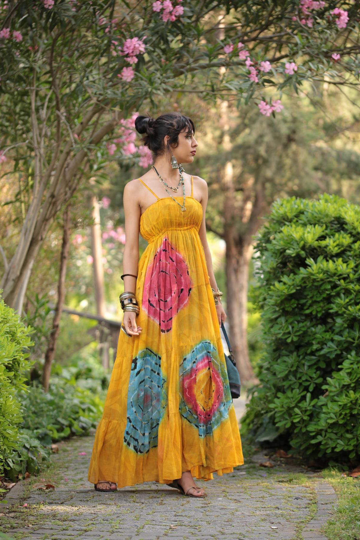 Mustard Tie Dye Patterned Strappy Dress - Saman Butik | Shop Online