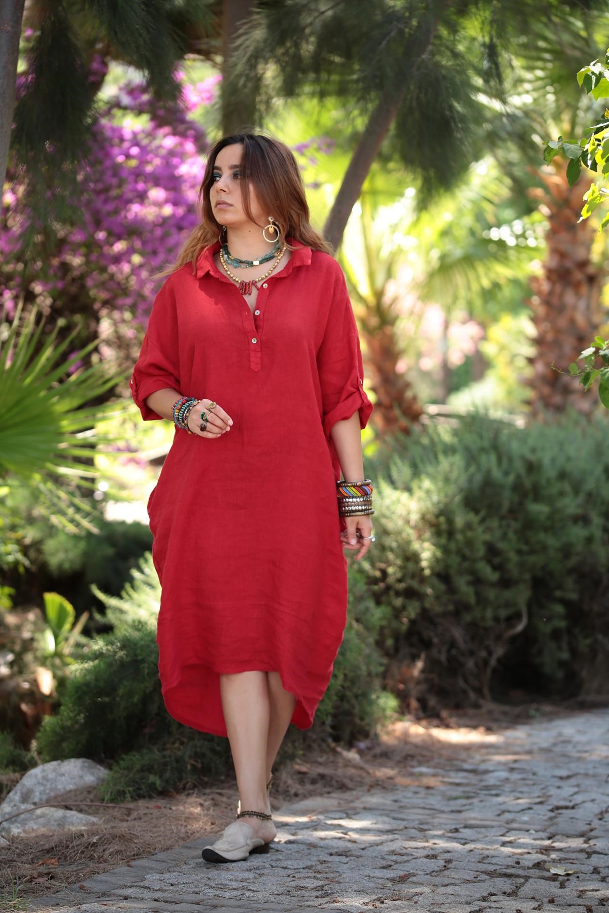 Kırmızı Arkası Halkalı Keten Gömlek Elbise · 5