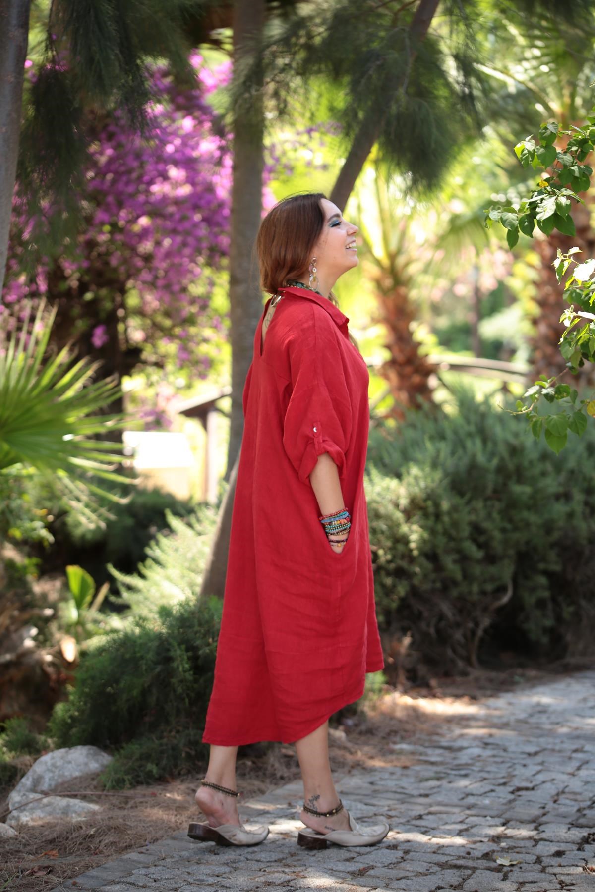 Kırmızı Arkası Halkalı Keten Gömlek Elbise · 6