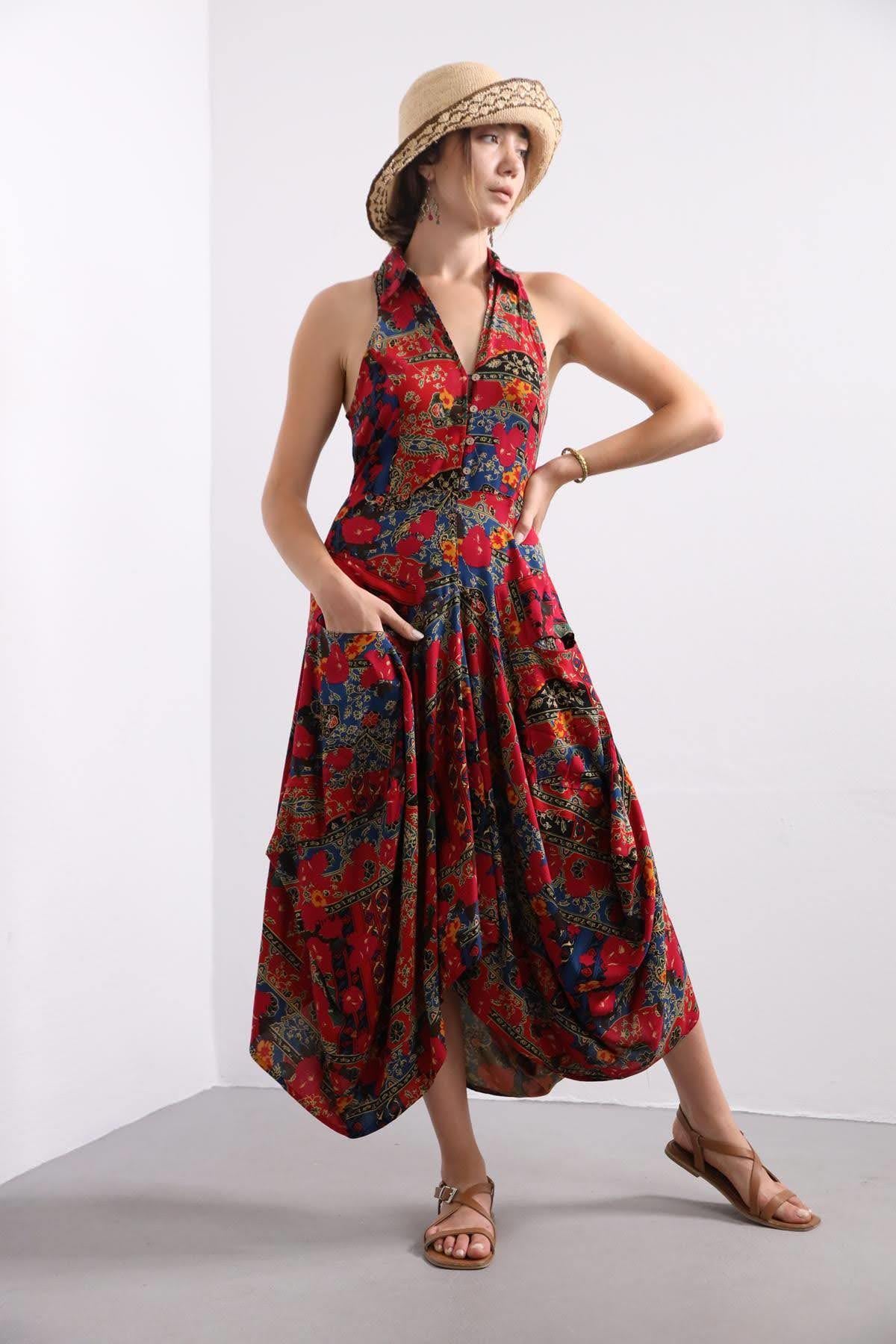 Saman Butik | Shop Online Red Patterned Sleeveless Countess Dress