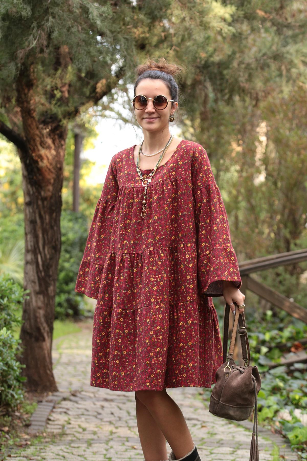 Dark Red Flower Patterned Stitch Detailed Fustian Dress - Saman Butik |  Shop Online