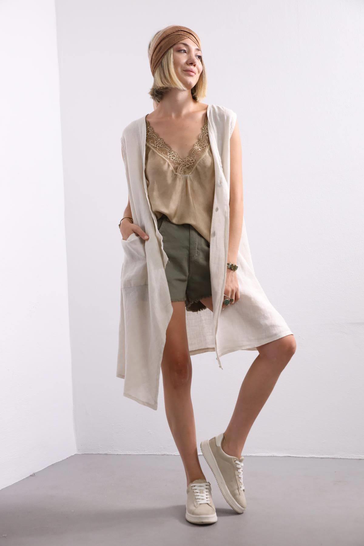 Cream Asymmetric Detail Sleeveless Tunic Dress Saman Butik Shop Online