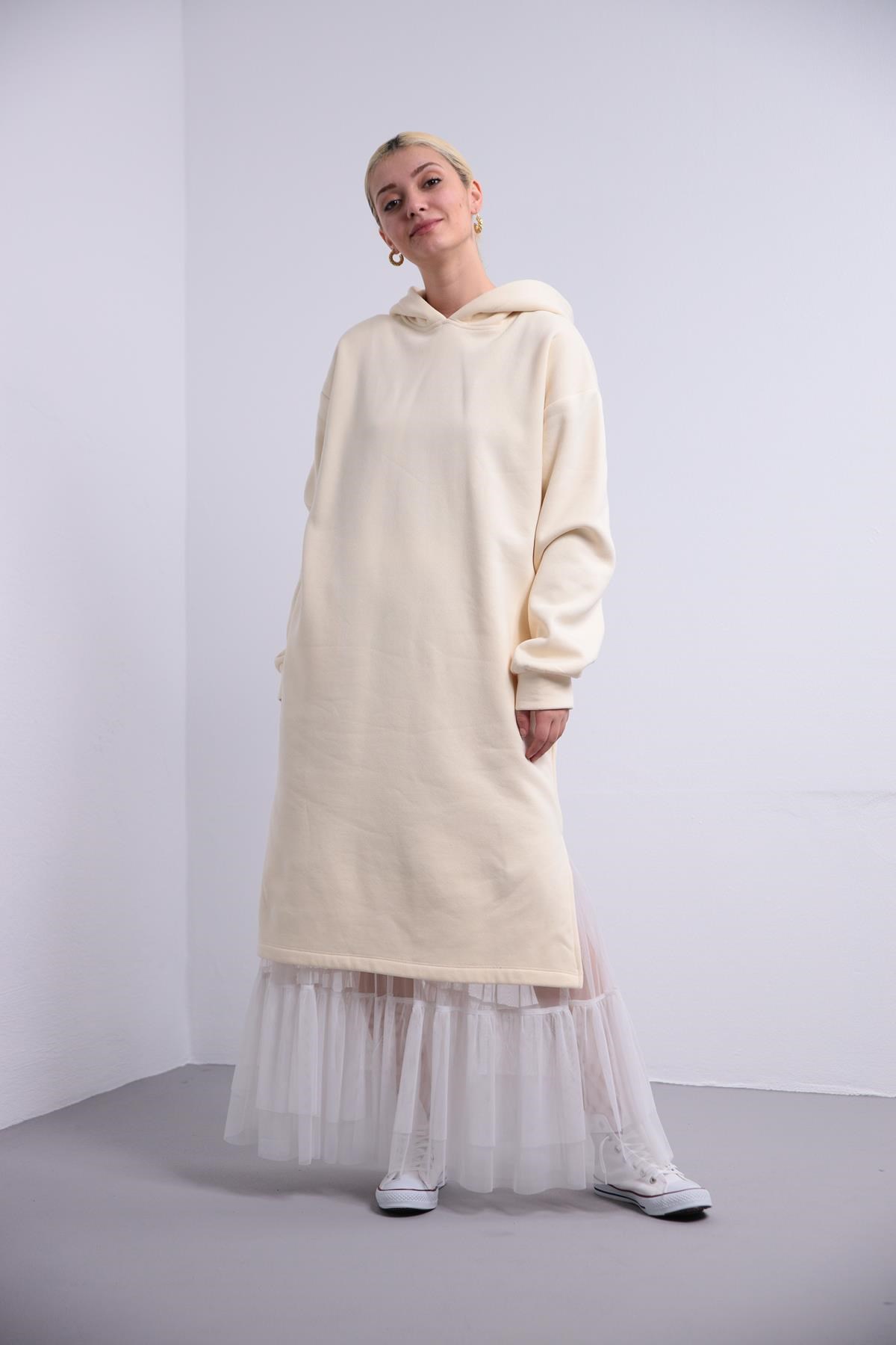 Cream Color Hoodie Fleece Dress