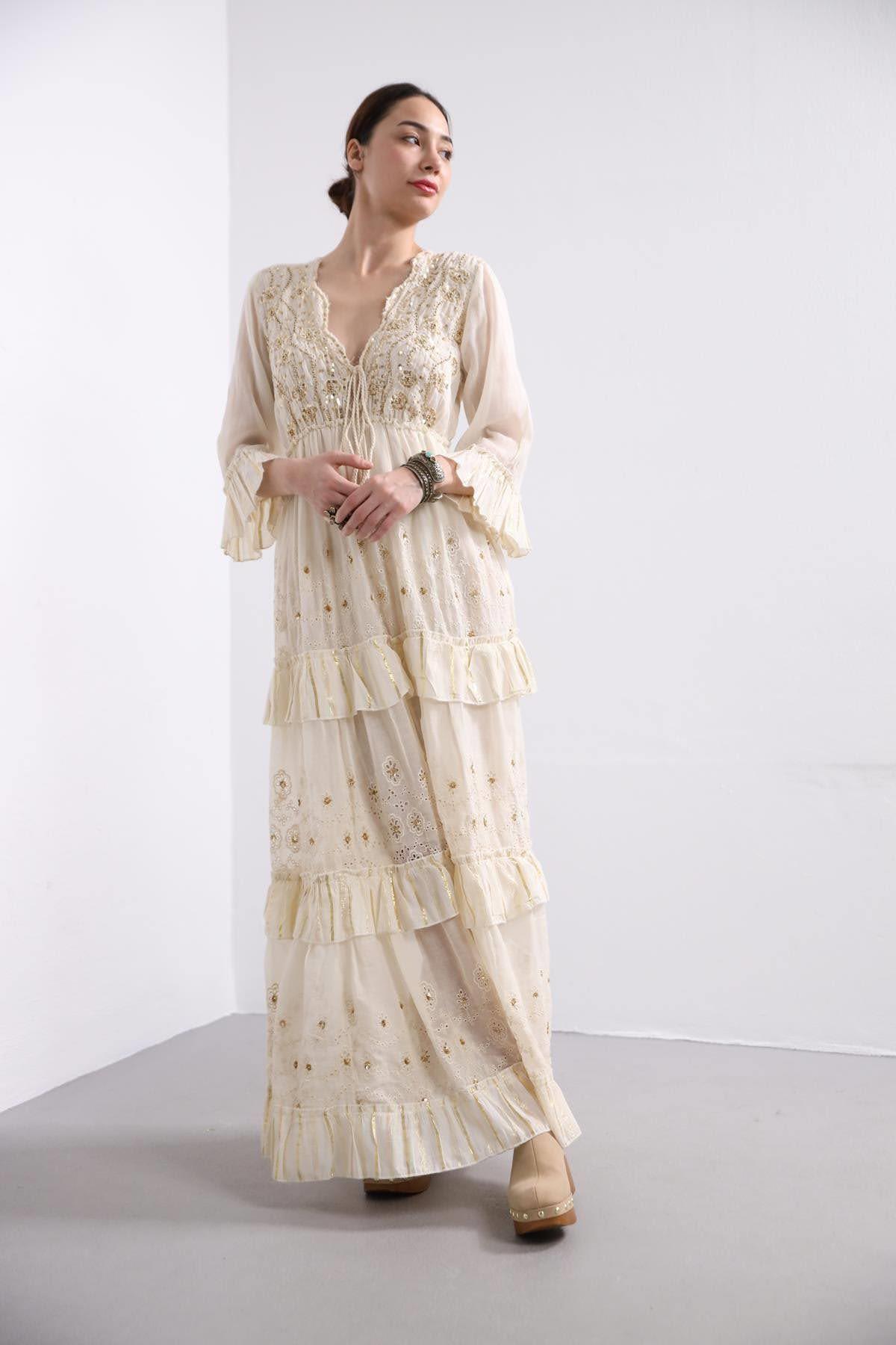 Krem Rengi Pul İşlemeli Bohem Elbise - Şaman Butik Krem Rengi Pul İşlemeli Bohem Elbise