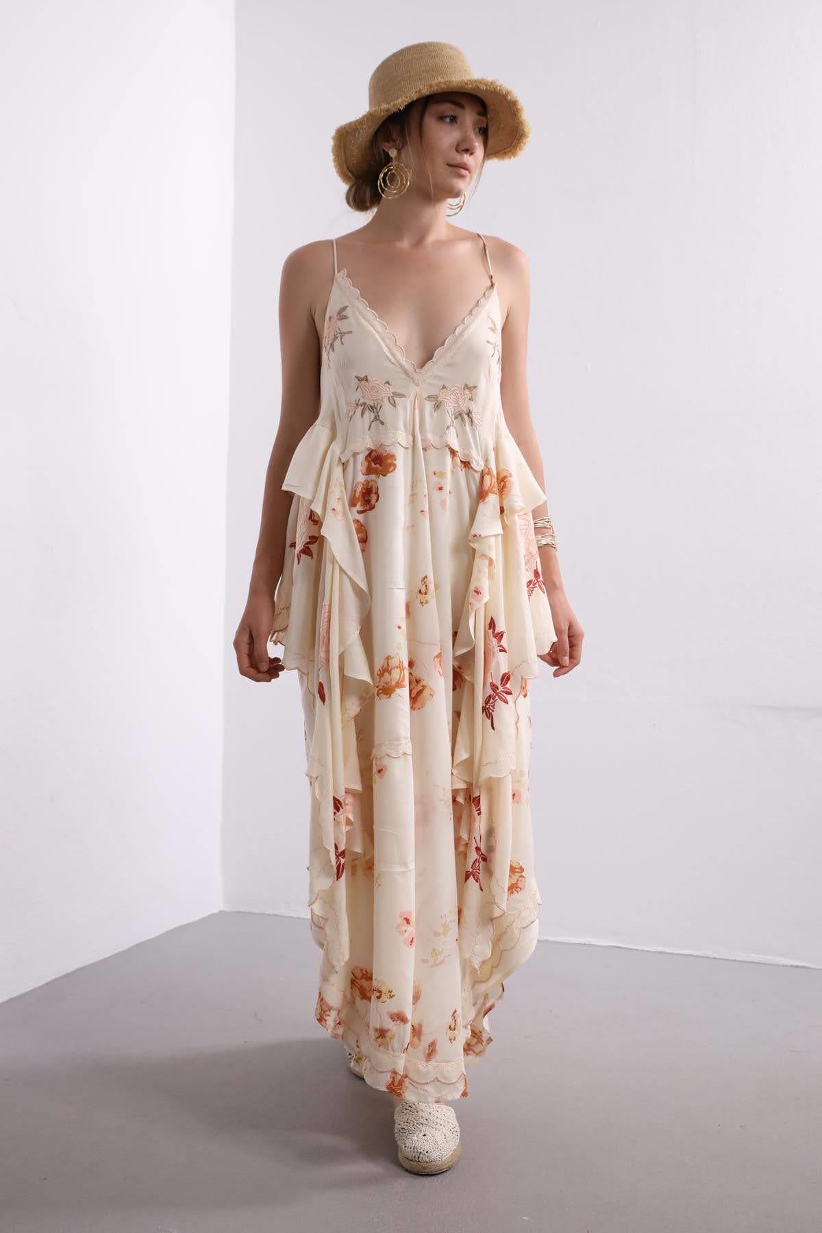 Krem Rengi Vintage Desen Çapraz İpli Bohem Elbise - Şaman Butik Krem Rengi Vintage Desen Çapraz İpli Bohem Elbise