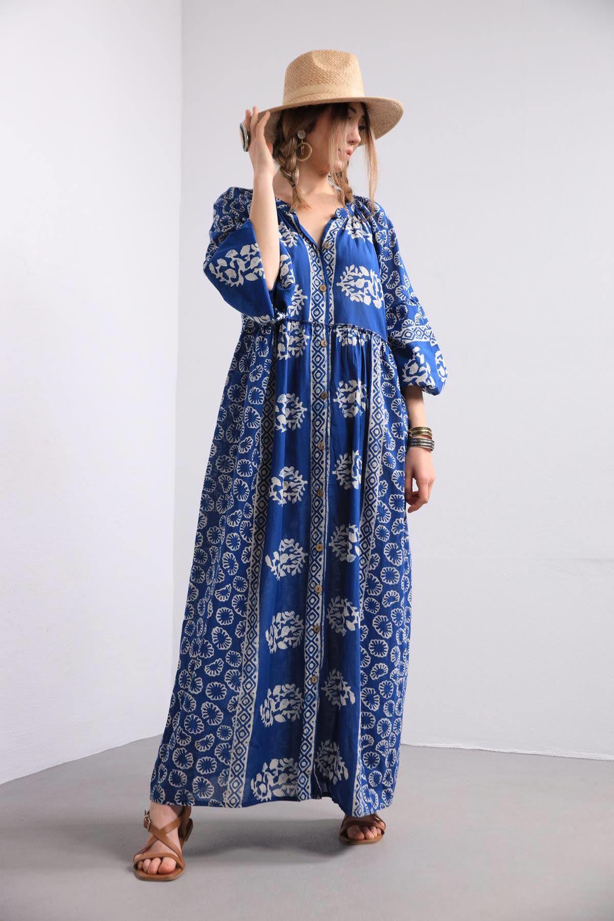 Lacivert Tribal Desen Gömlek Elbise - Şaman Butik Lacivert Tribal Desen Gömlek Elbise