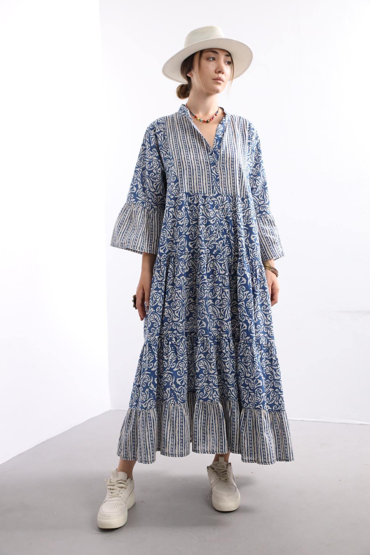 Lacivert Tribal Desen V Yaka Elbise - Şaman Butik Lacivert Tribal Desen V Yaka Elbise