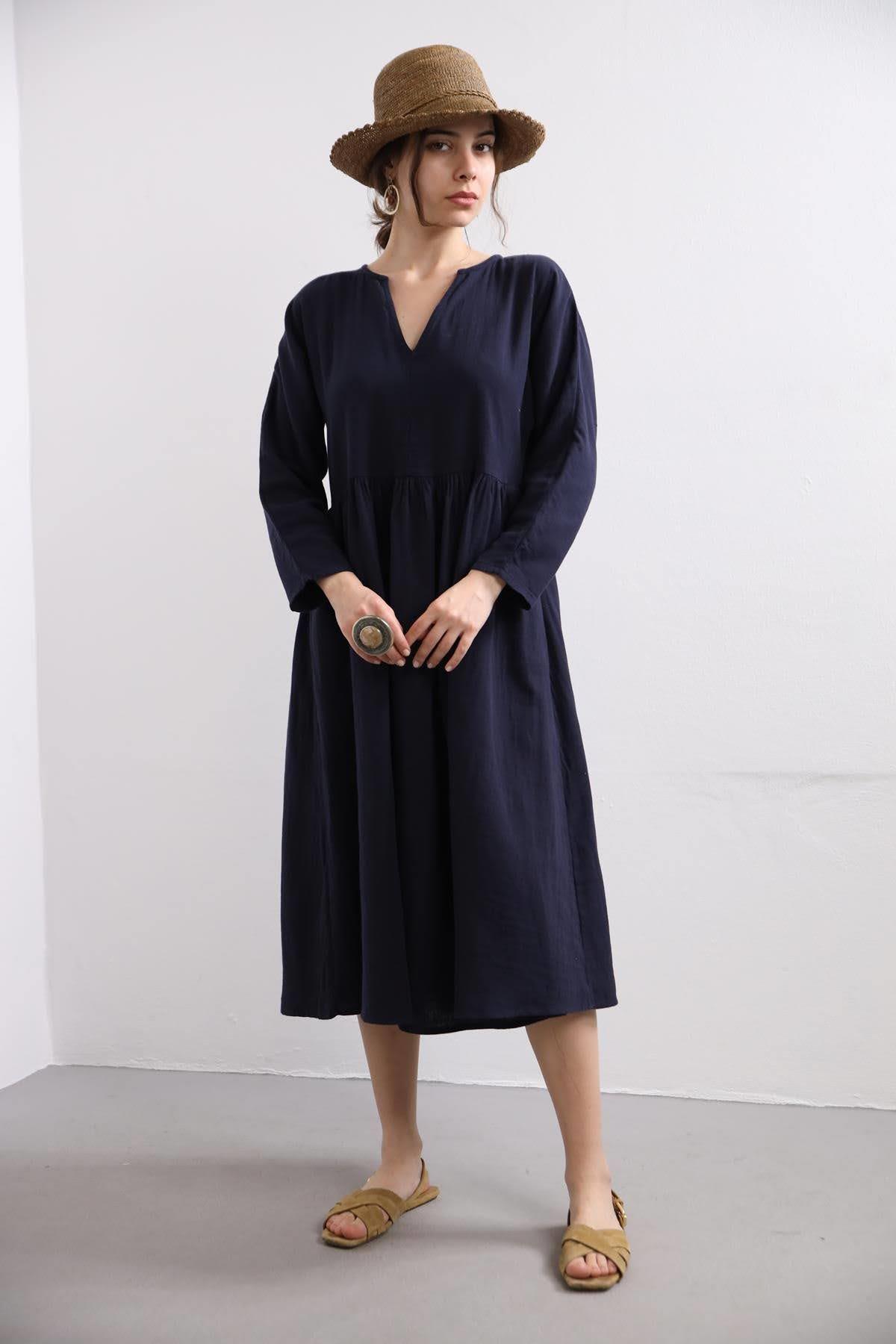 Lacivert V Yaka Cepli Elbise - Şaman Butik Lacivert V Yaka Cepli Elbise