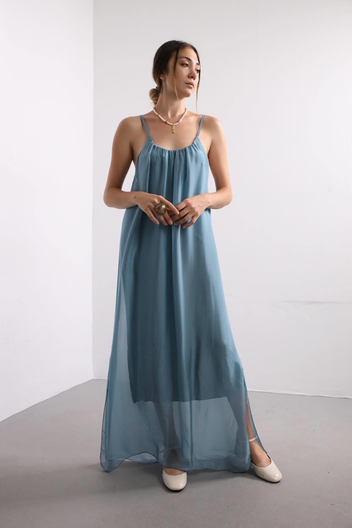  Mavi İp Askılı İpek Elbise