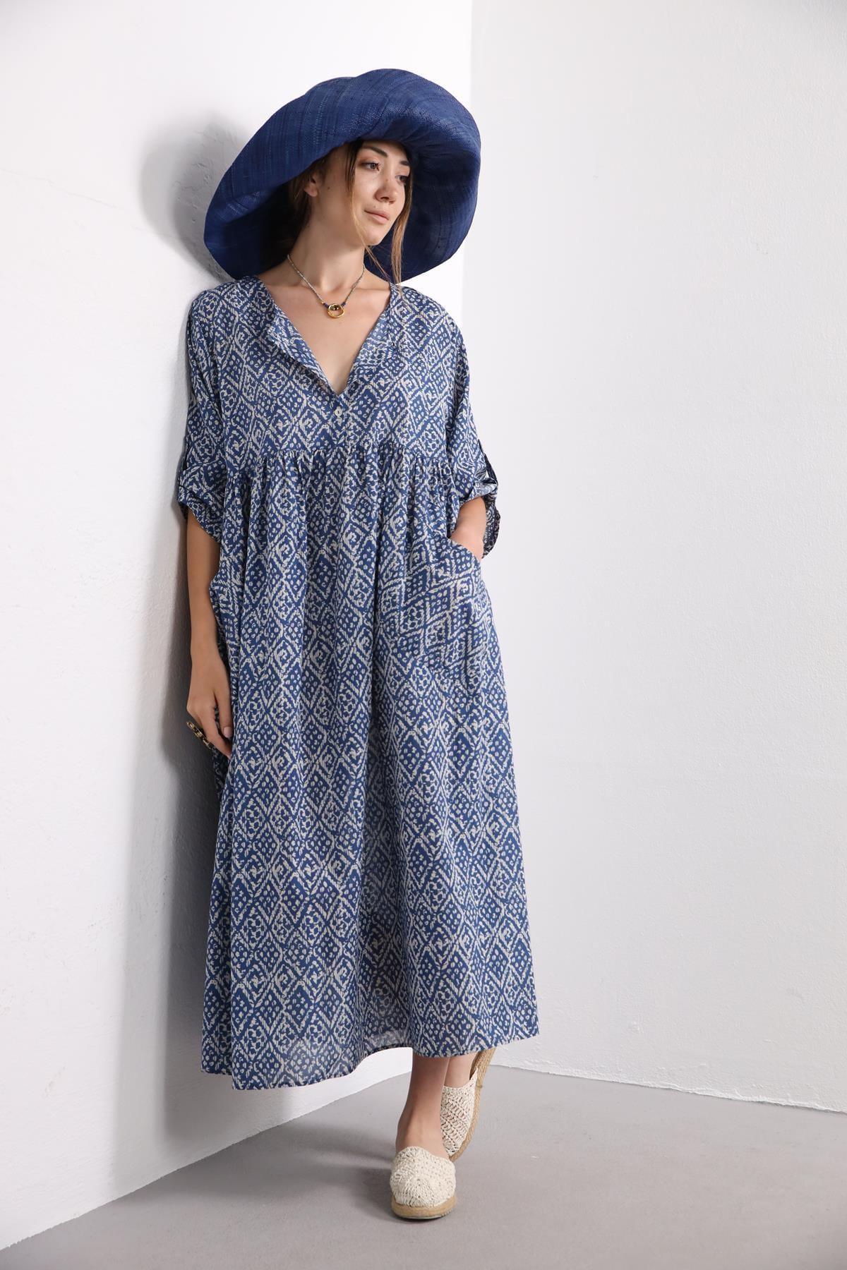 Mavi Tribal Desen Bisiklet Yaka Cepli Elbise - Şaman Butik Mavi Tribal Desen Bisiklet Yaka Cepli Elbise