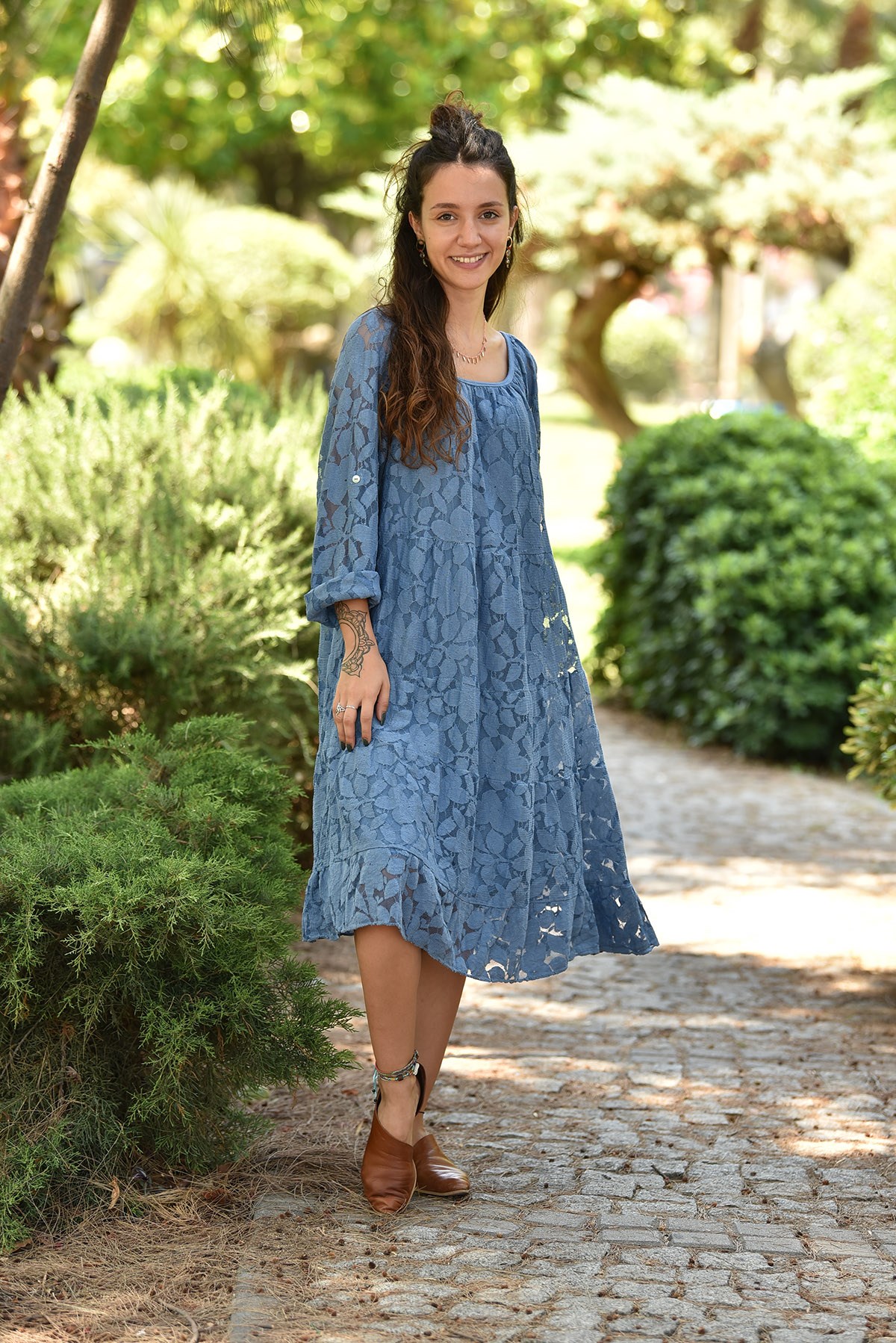 Blue U Neck Lace Dress - Şaman Butik | Boho Fashion
