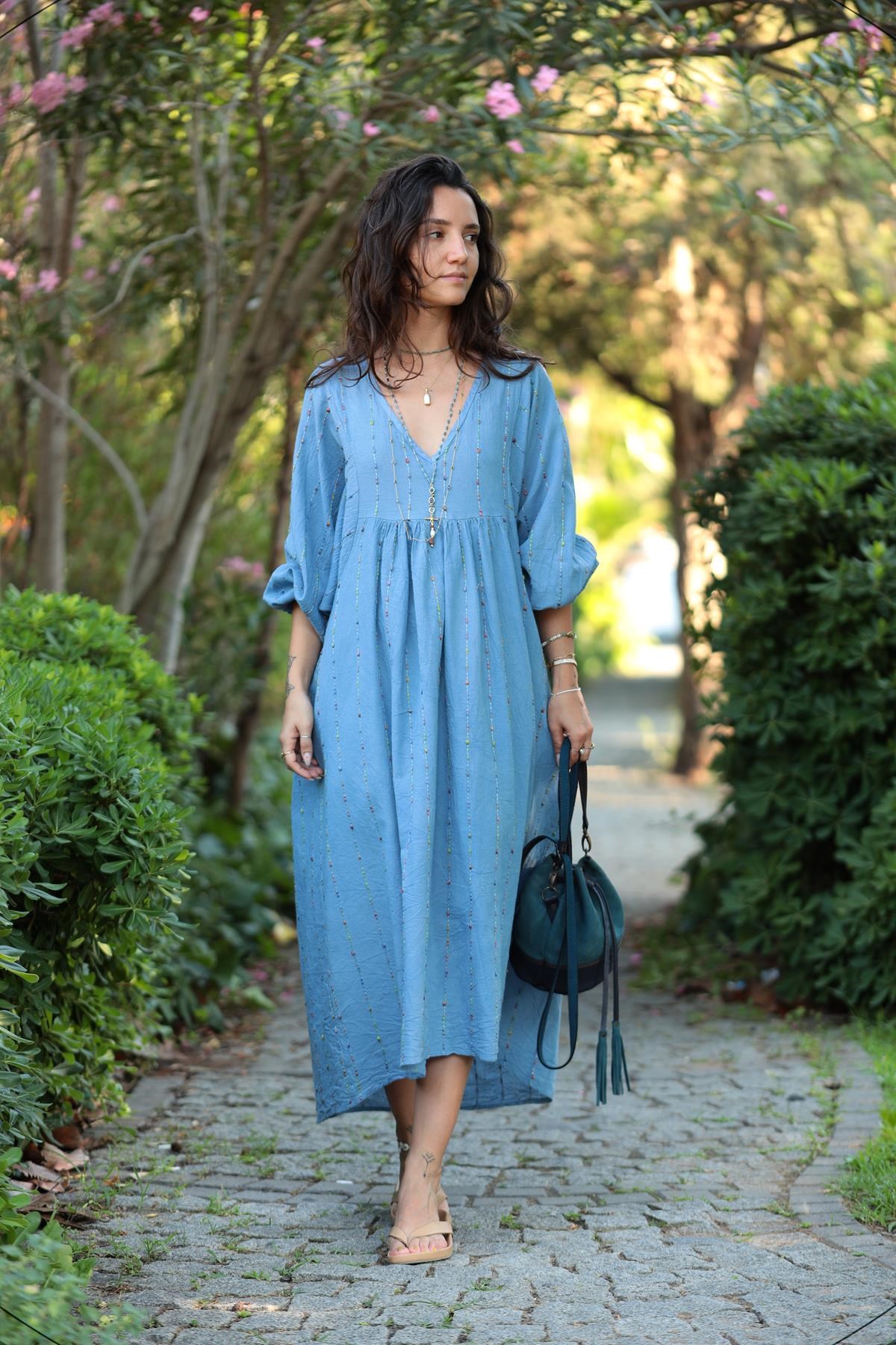 Mavi V Yaka Renkli İp Detaylı Elbise - Şaman Butik - Bohem Giyim ve  Aksesuar | Kadın & Erkek