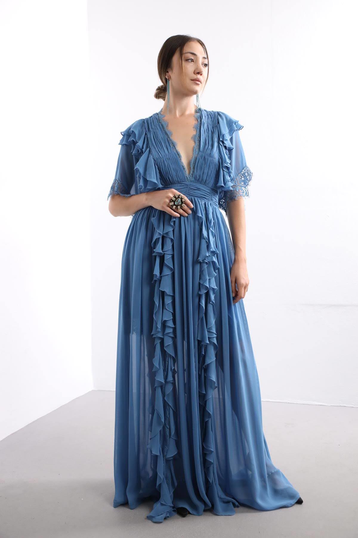 Mavi V Yaka Şık Elbise - Şaman Butik Mavi V Yaka Şık Elbise