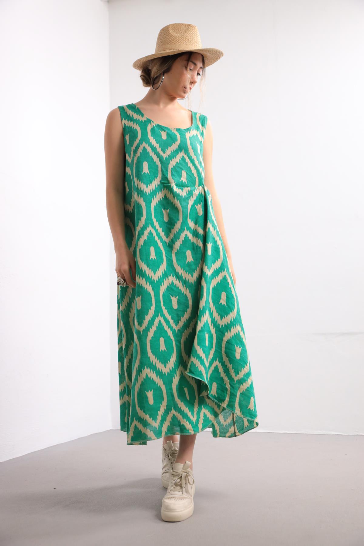  Mint Yeşili Desenli Kalın Askılı Keten Elbise