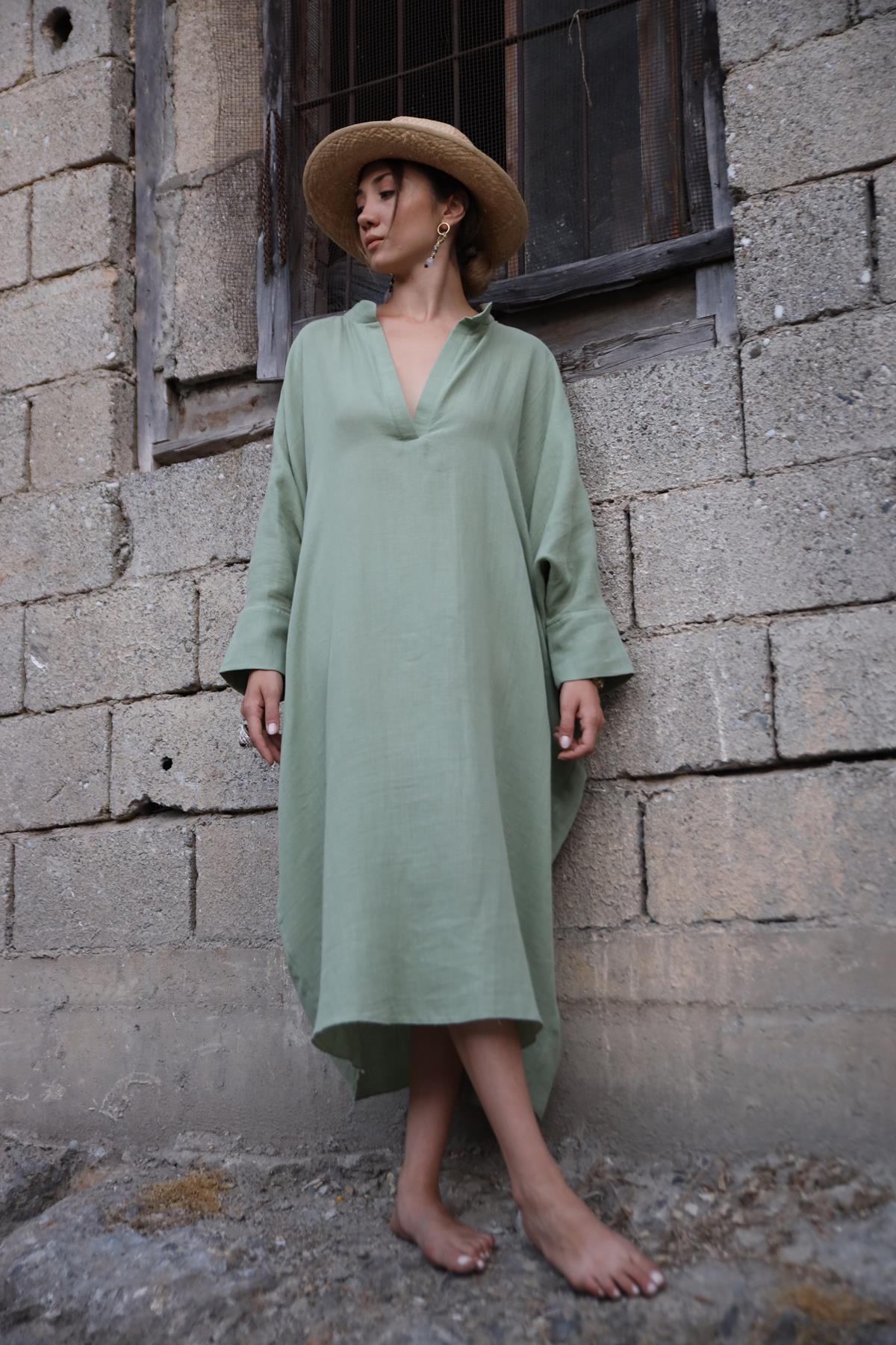  Mint Yeşili Hakim Yaka Oversize Müslin Elbise